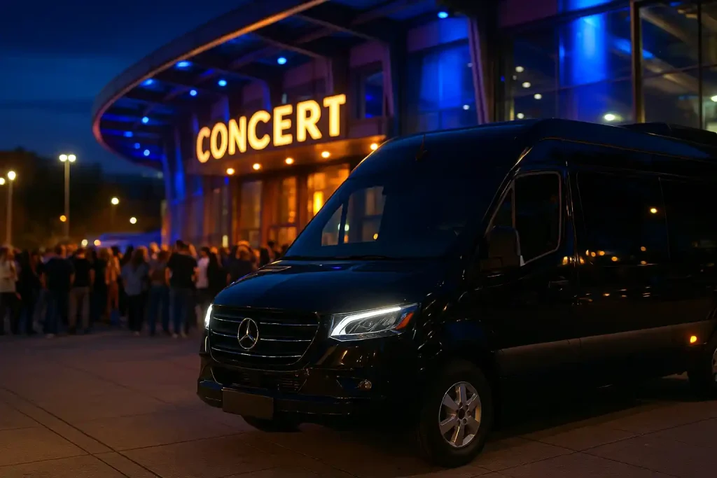 A black luxury Mercedes Sprinter van parked at night in front of a brightly lit "CONCERT" sign at a Houston venue.
