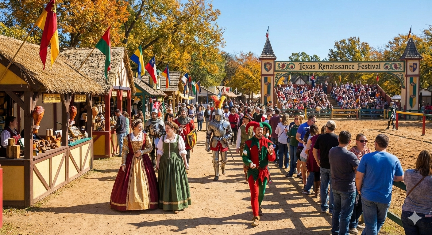 Bustling crowd and costumed knights under the Texas Renaissance Festival sign—a popular destination for C&S Executive Transportation event services.
